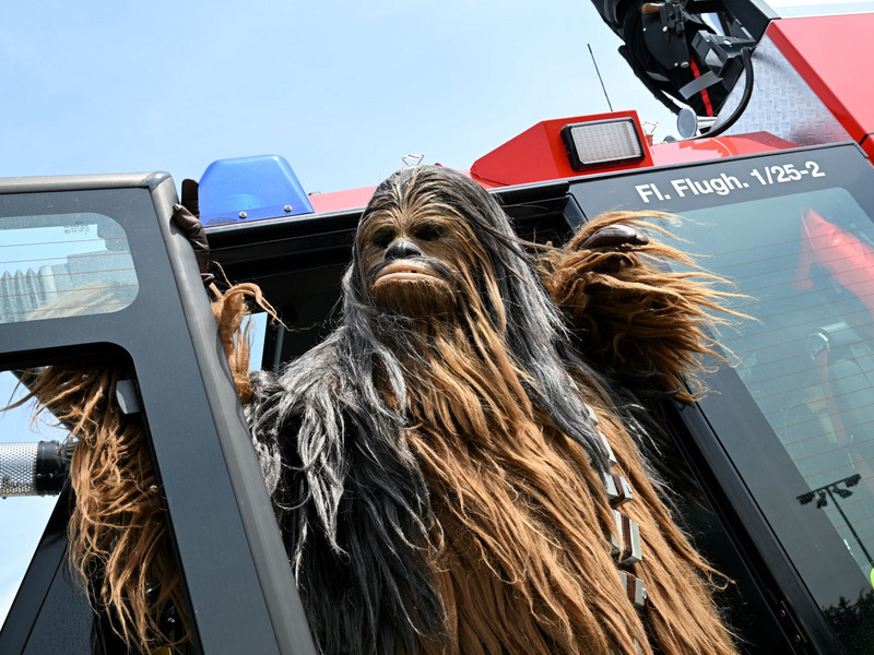Star Wars Figur schaut aus Flugzeug